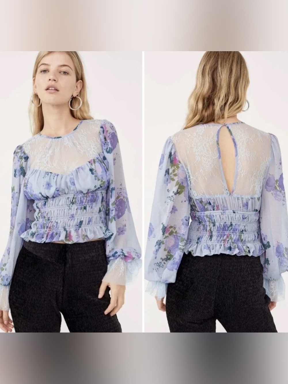 Free People Sheer Lace-Yoke Smocked Floral Blouse in Light Blue - Picture 3 of 11